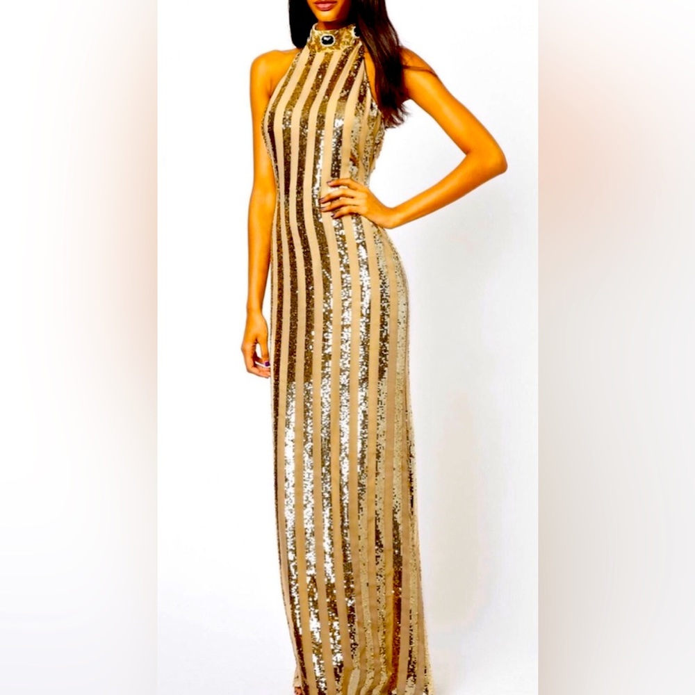 Virgos Lounge Trophy Halterneck Maxi Dress | Color: Cream/Gold | Size: 6